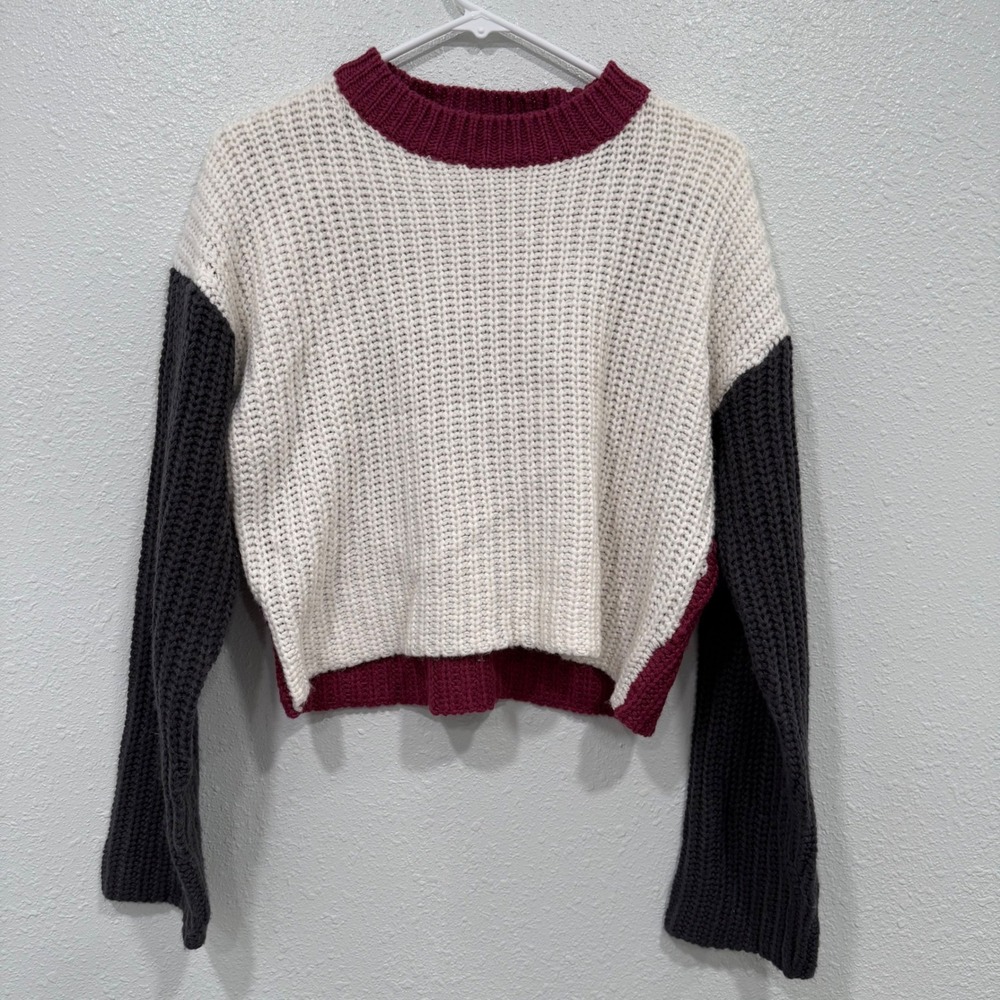 Derek Heart Women Colorblock Chunky Knit Sweater Burgundy White Grey Medium‎